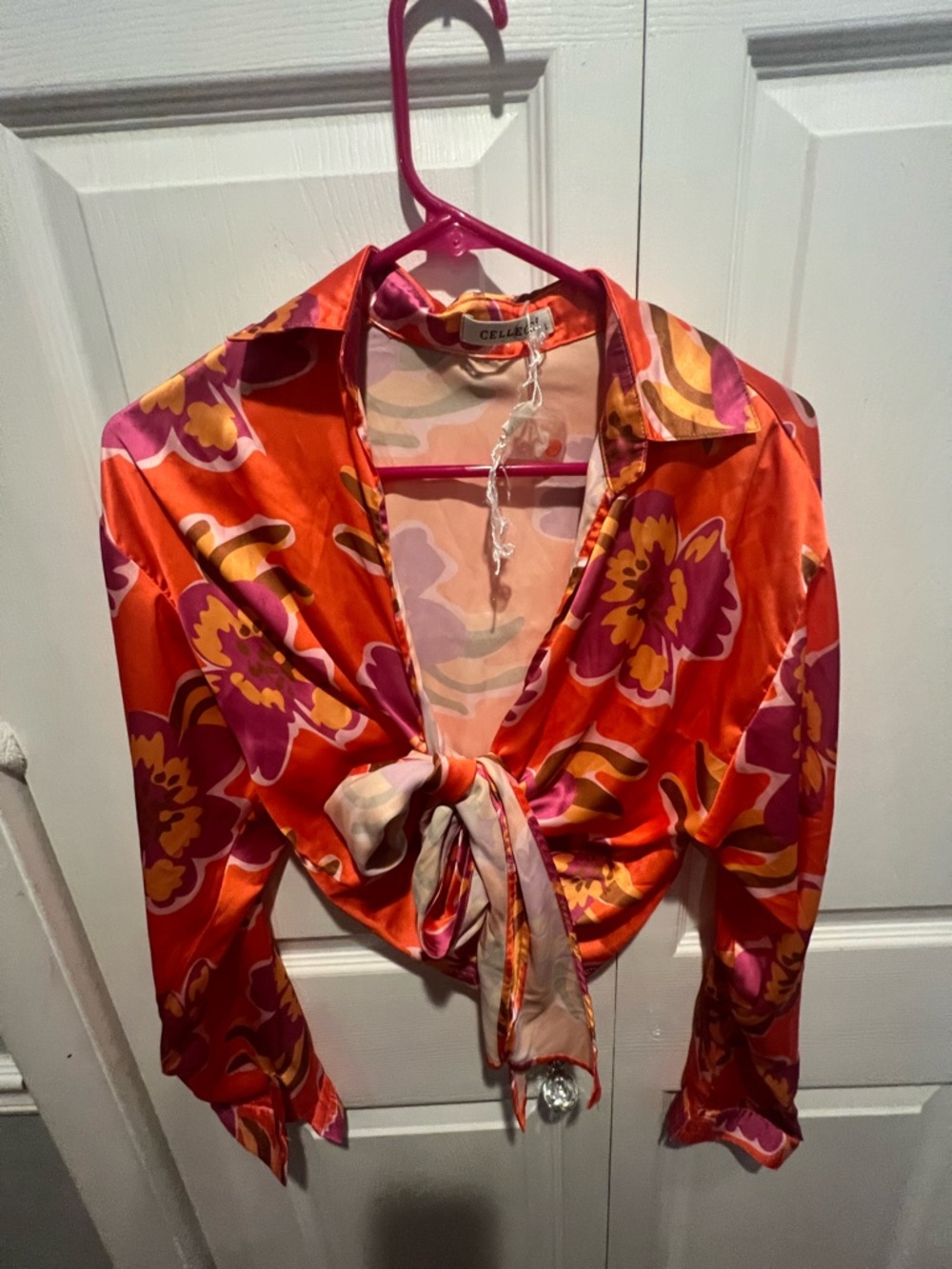 Celeste Orange Floral Tie-Front Blouse with Pink & Yellow Accents